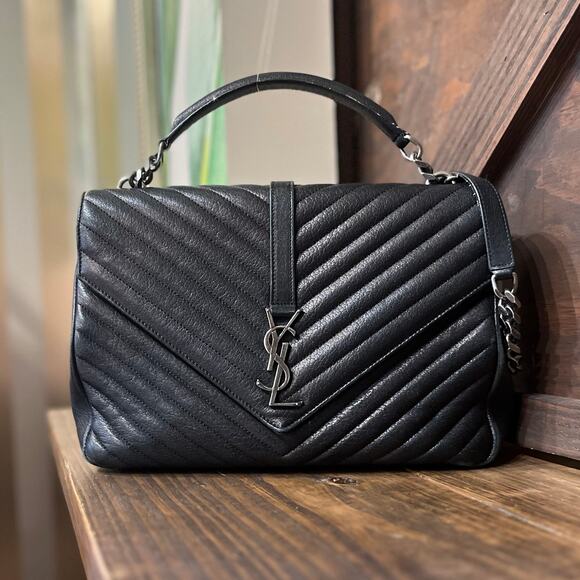SAINT LAURENT YSL College Black Matelassé Chevron Monogram Shoulder Bag - Picture 1 of 16